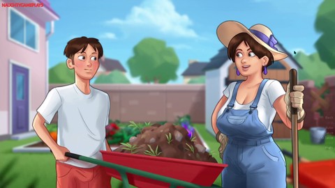 Fortunato strano aiuta la sexy MILF BBW con grandi tette vicino di casa nel suo giardino mentre lei cerca di sedurlo.